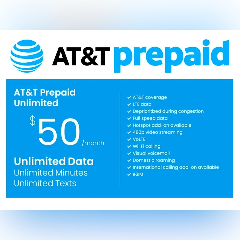AT&T $50 Prepaid Service for 30 days - eSim Activation instantly - No Wa…